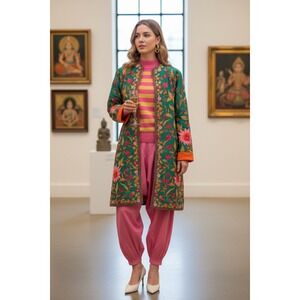 Boho Elegant Soft Surroundings Floral Embroidered Open Front Jacket‎ Size L